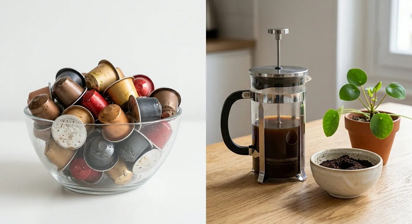 Comparatif impact environnemental : capsules usagées en aluminium vs marc de café compostable avec cafetière à piston et plante