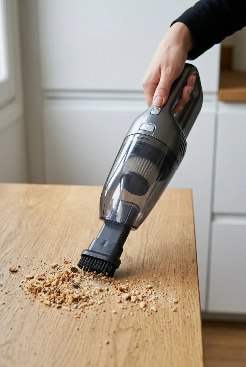 Vapeur aspirateur de table en action, nettoyant les résidus sur un plan de travail en bois.