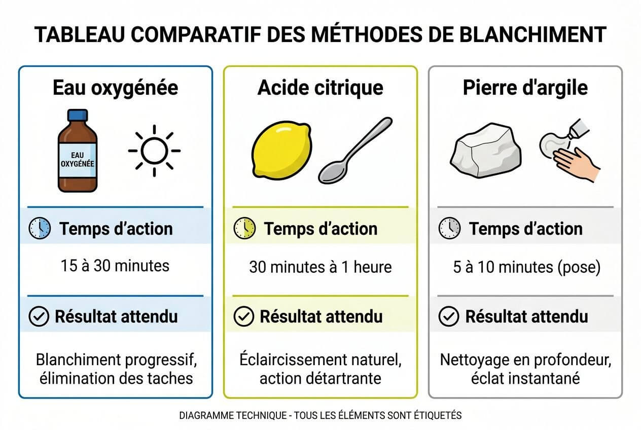 Tableau comparatif des méthodes de blanchiment: Eau oxygénée, Acide citrique et Pierre d'argile affichés avec temps d’action et résultats attendus.