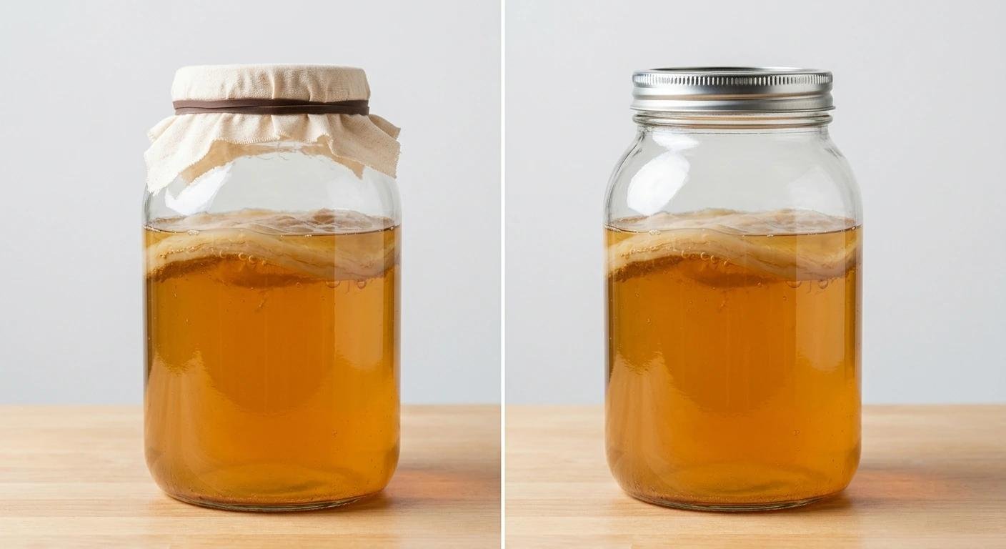 Deux bocaux en verre contenant une substance ambrée: à gauche, bouchon ourlé de papier; à droite, couvercle métallique.