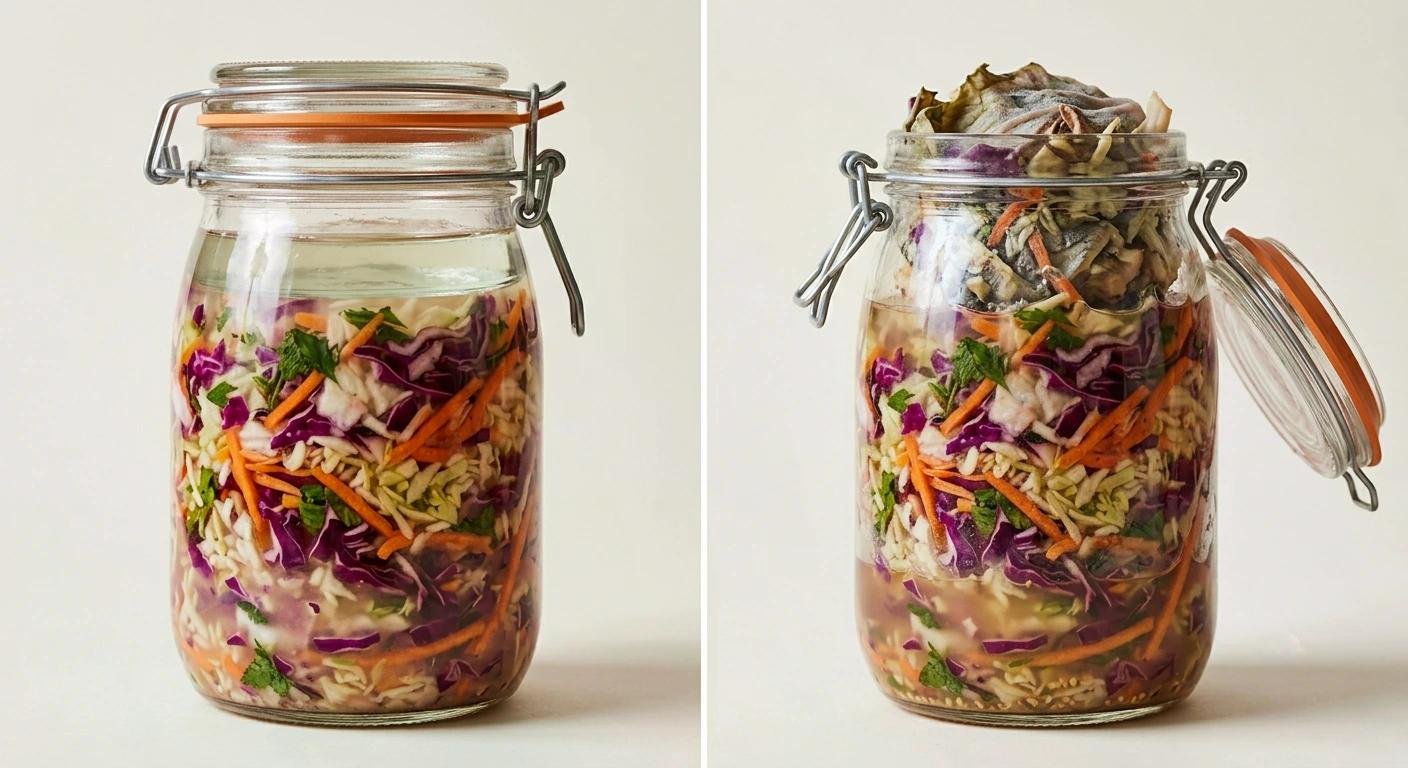 Deux bocaux en verre hermétiques garnis de salade croquante (chou, carottes, herbes) prêt-à-stocker.