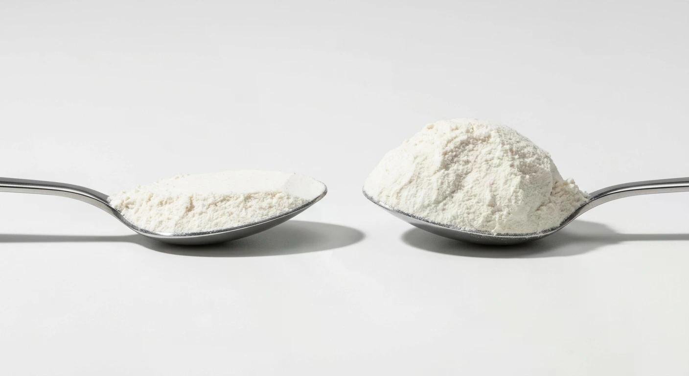 Deux cuillères en métal contenant de la farine blanche, posées à plat sur une surface blanche. Alt clé : poudre de farine dans des cuillères.