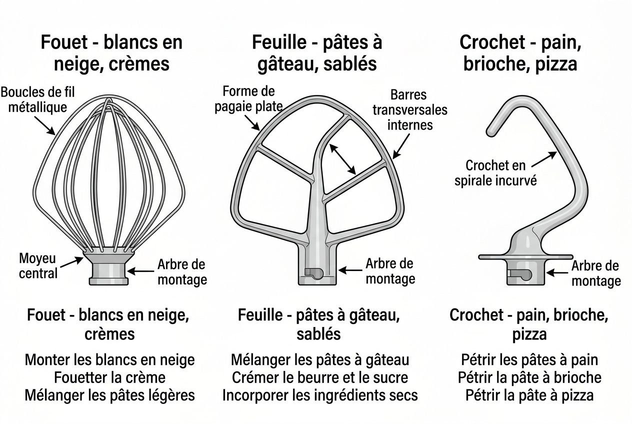 Diagramme montrant des accessoires de robot pâtissier: fouet, feuille et crochet avec descriptions sur l’utilisation et le montage. intégré: “comment choisir un robot pâtissier” dans le guide.