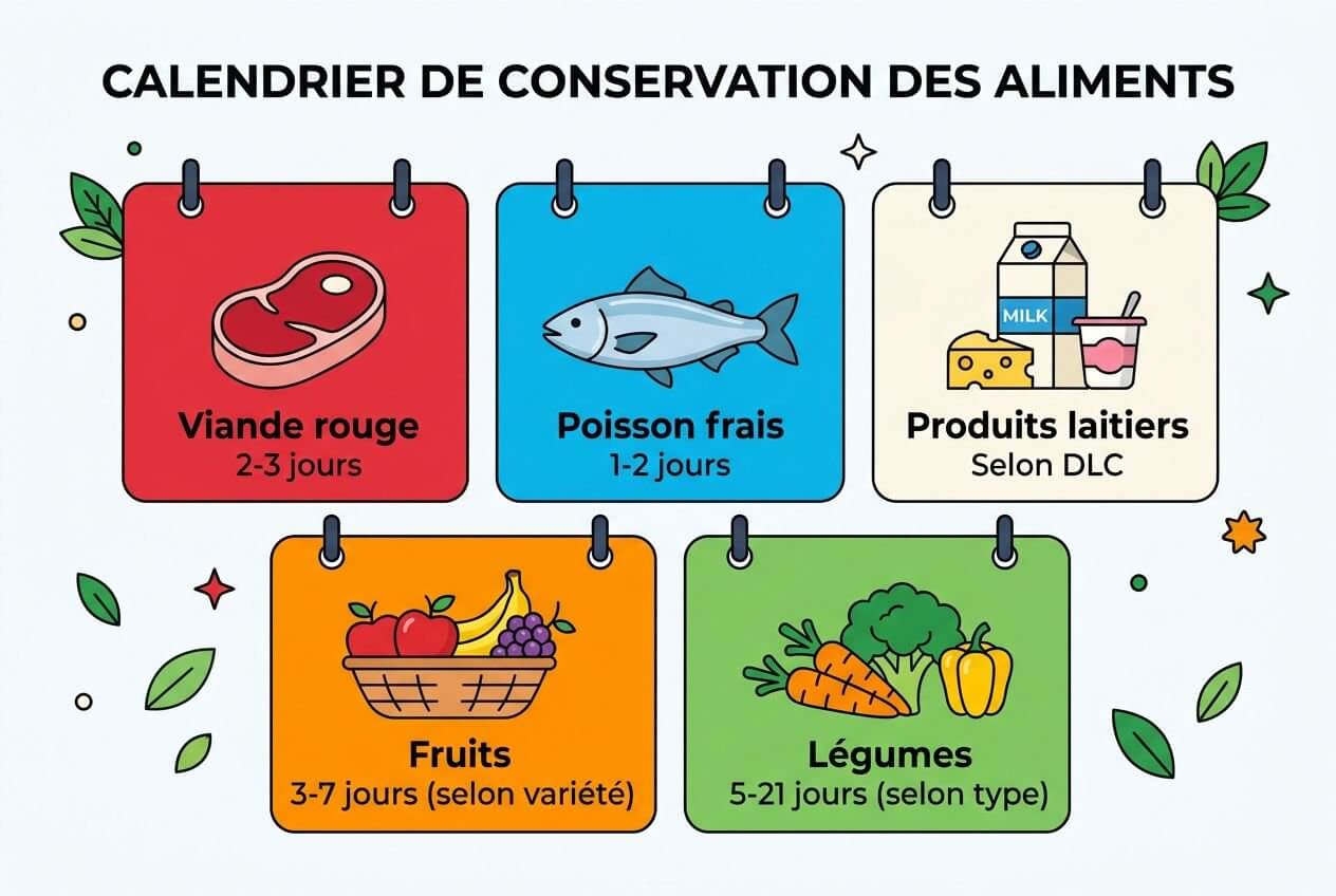 Calendrier de conservation des aliments par zones: étiquettes colorées pour viande, poisson frais, produits laitiers, fruits et légumes illustrés dans un guide d’organisation du frigo. comment ranger son frigo correctement intégré naturellement.