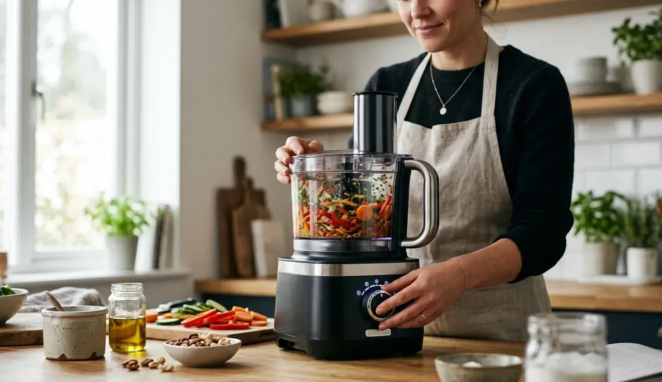 Femme en cuisine utilisant un robot culinaire noir pour hacher des légumes dans un bol transparent sur plan de travail en bois.