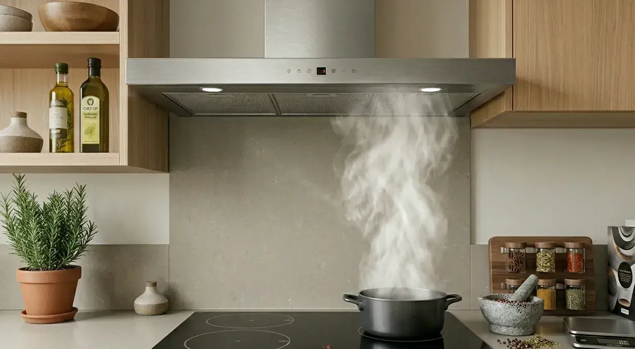 Hotte aspirante murale au-dessus d’une cuisinière électrique, casserole en train de bouillir avec vapeur montant, épices et plantes sur le plan de travail.