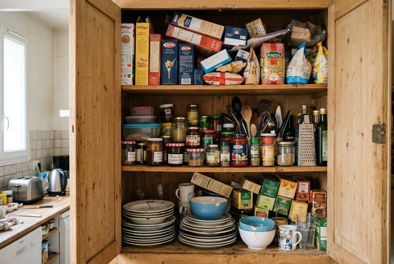 Placard de cuisine en désordre avant organisation