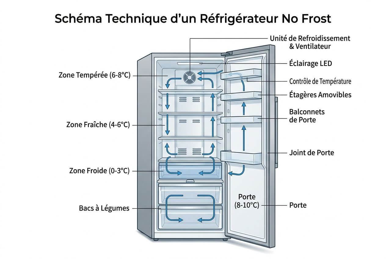 Schéma montrant le réfrigérateur No Frost avec zones de rangement: zone froide 0-3°C et zone fraîche 4-6°C, zone temperée 6-8°C et bacs à légumes, avec étagères amovibles et balconnet de porte. Comment ranger son frigo correctement par zones.