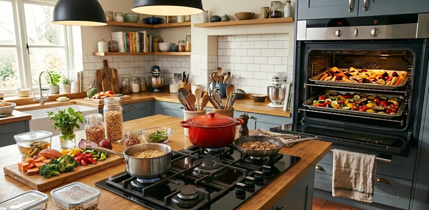 Cuisine moderne bien éclairée avec îlot central, légumes et ingrédients frais prêts à cuisiner; four grande capacité glissant des plats rôtis.