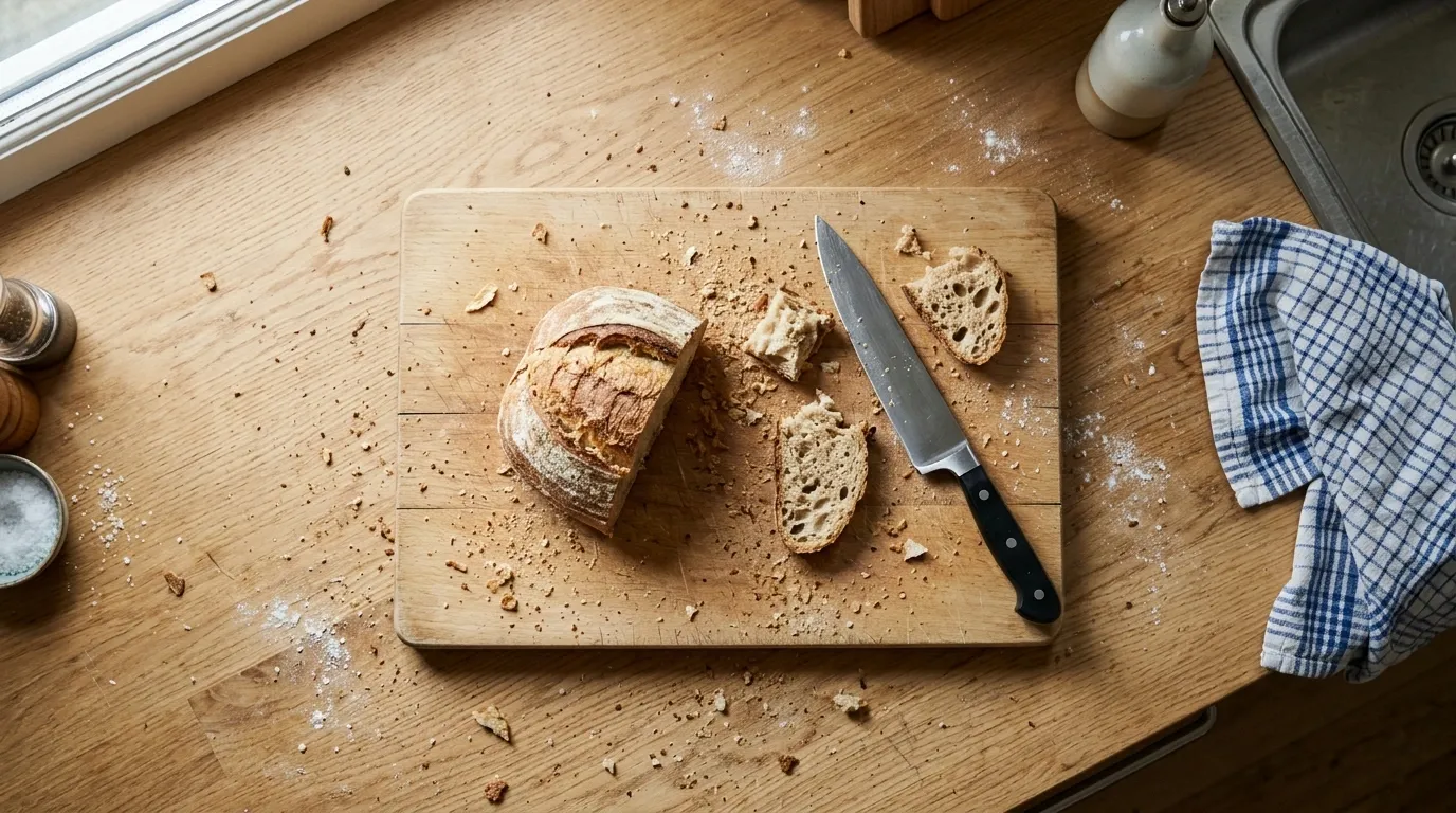 Tranche de pain sur planche en bois avec couteau, miettes éparpillées et torchon bleu près de l’évier.