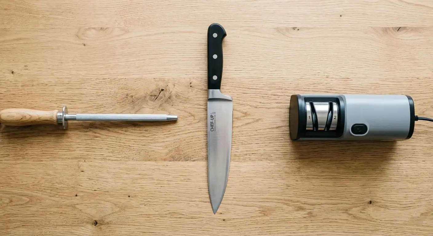 Couteau de chef avec manche noir, foret et huileuse lame, posé entre un outil en bois et un moulin à viande électrique sur plan de travail.