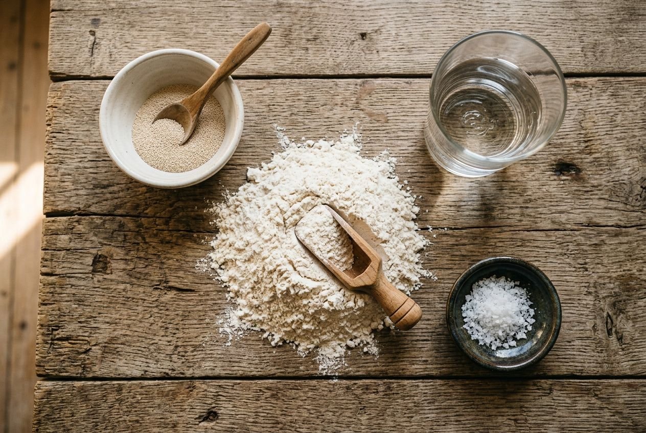 Farine et ingrédients pour pain maison sans robot: bol de levure ou sucre, eau, et sel sur planche en bois.