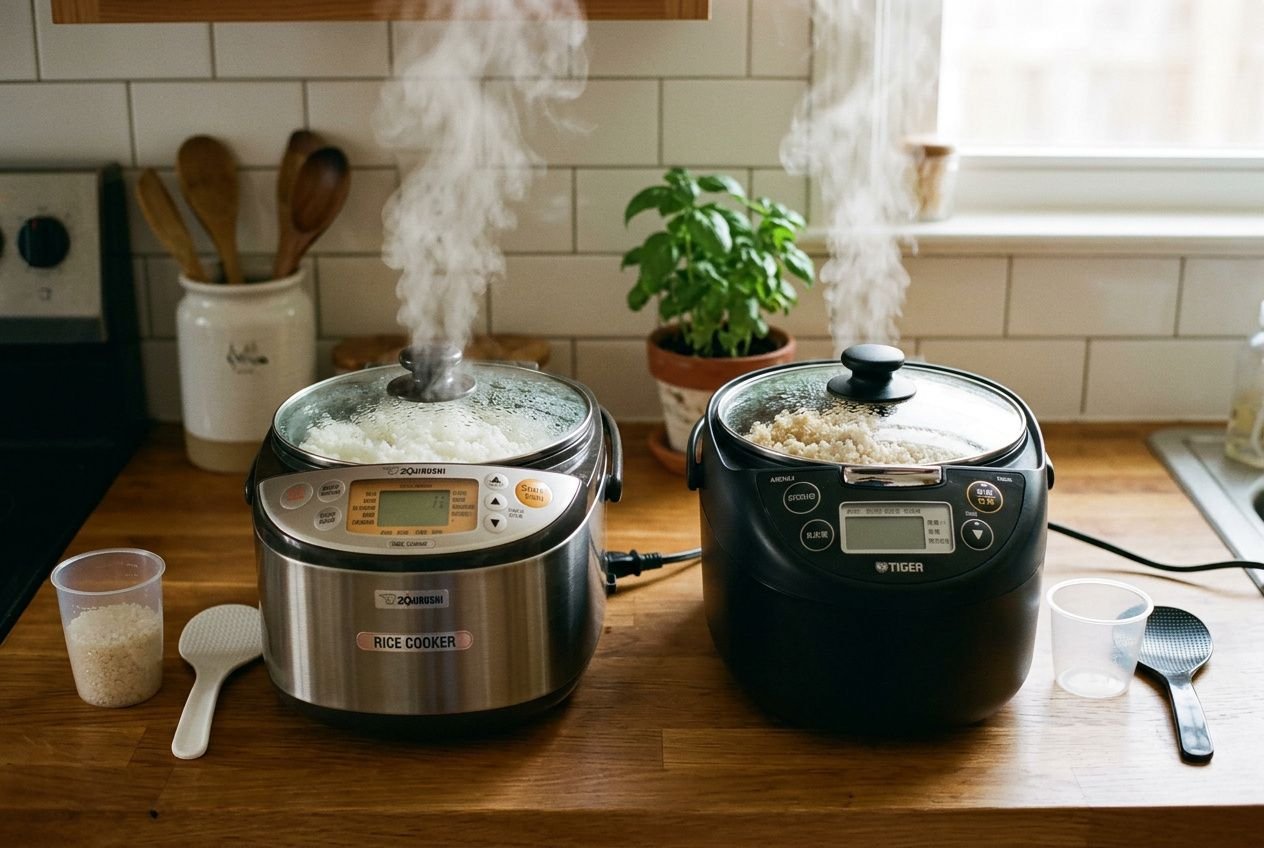 Deux cuiseurs à riz sur une planche de bois, vapeur s’échappant des casseroles et cuillères en bois à côté, éléments pour avis cuiseur de riz.