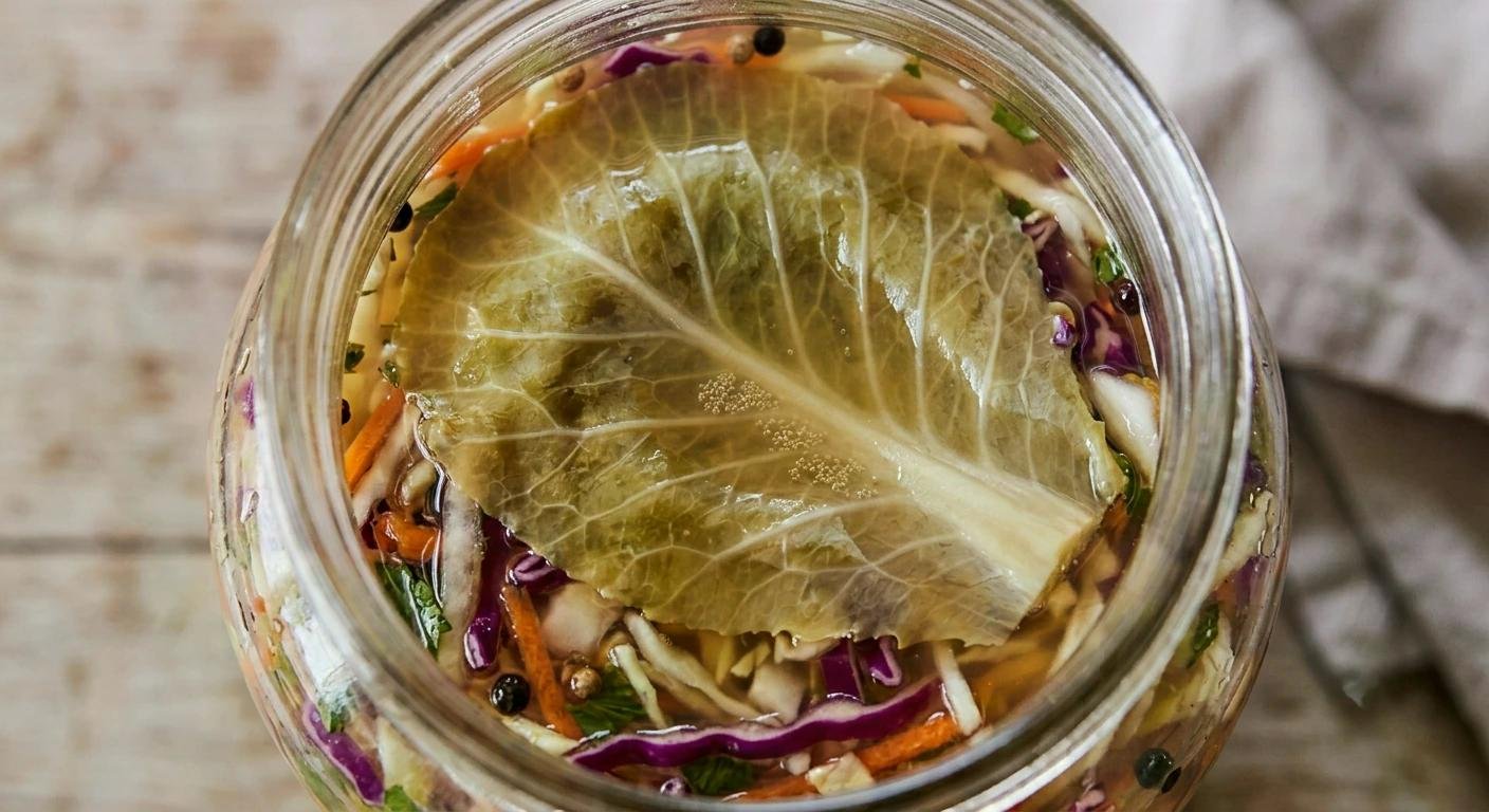 Feuillet de salade conservé sur le dessus d’un bocal, avec légumes colorés et une grande feuille posée en surface.
