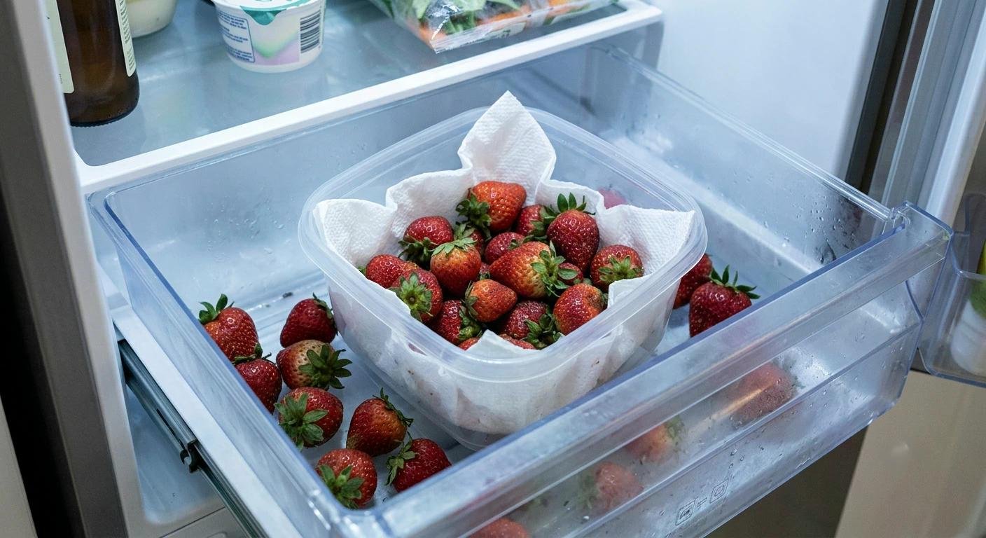 Frais fruits rouges, des fraises dans un bac transparent et torchés sur mouchoirs, fraîcheur prête à être dégustée.