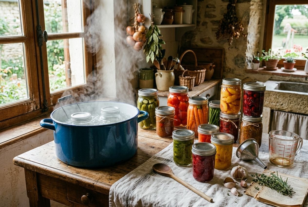 Grande casserole bleue sur feu, préparant des bocaux de légumes variés en conserve, autour d’une table rustique avec étiquettes et herbes. stérilisation bocaux maison méthode.
