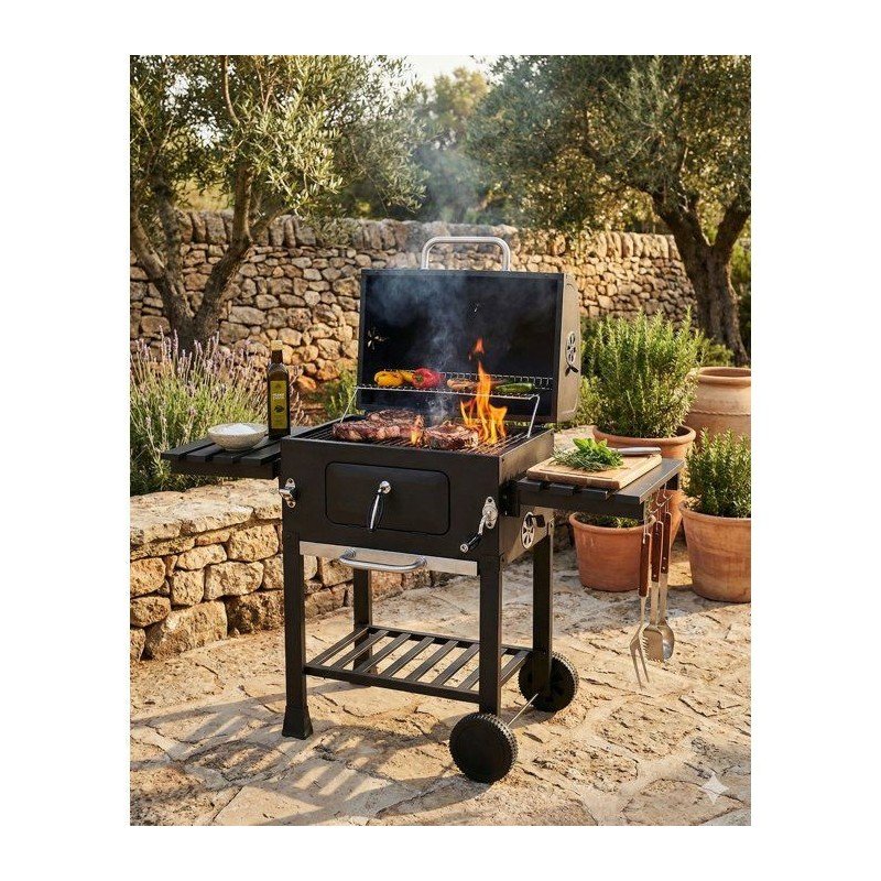 Grill barbecue au charbon sur chariot, fumée et légumes sur le plateau, jardin en arrière-plan, métal noir, pièce conviviale extérieur.