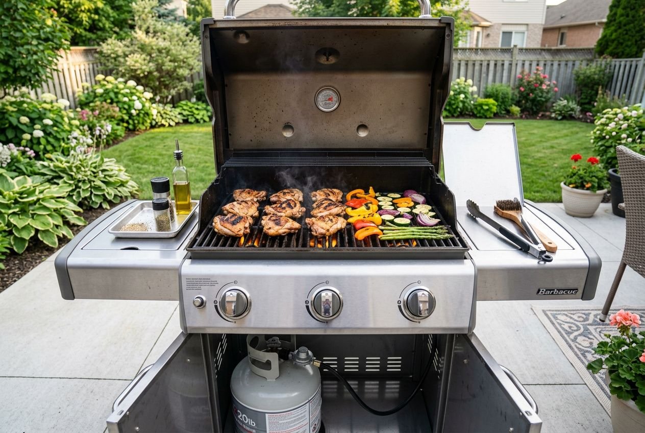 Grill barbecue avec viande et légumes en cuisson sur le gril, posé sur une terrasse entourée de jardin; bouteille de gaz sous l’appareil et ustensiles posés sur les côtés. barbecue charbon ou gaz intégré dans le cadre du guide.