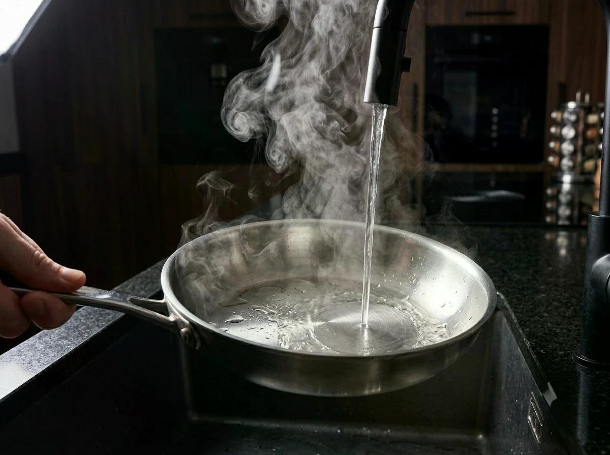 Homme utilisant une poêle en inox sur une plaque à induction, eau bouillante et vapeur s’en échappant sous un robinet tournant.