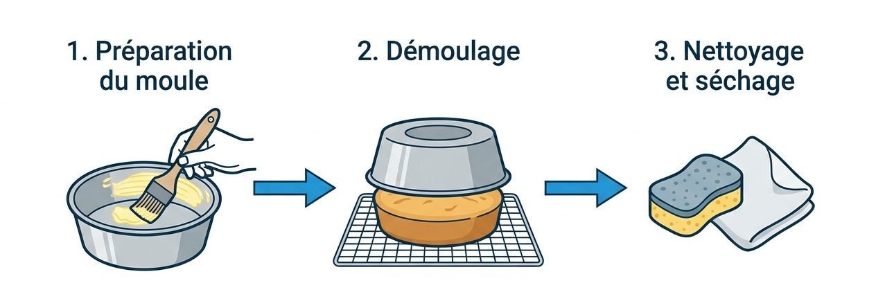 Illustration d’un guide en trois étapes: 1) préparation du moule avec pinceau, 2) démoulage du gâteau sur grille, 3) nettoyage et séchage avec une éponge et un torchon.