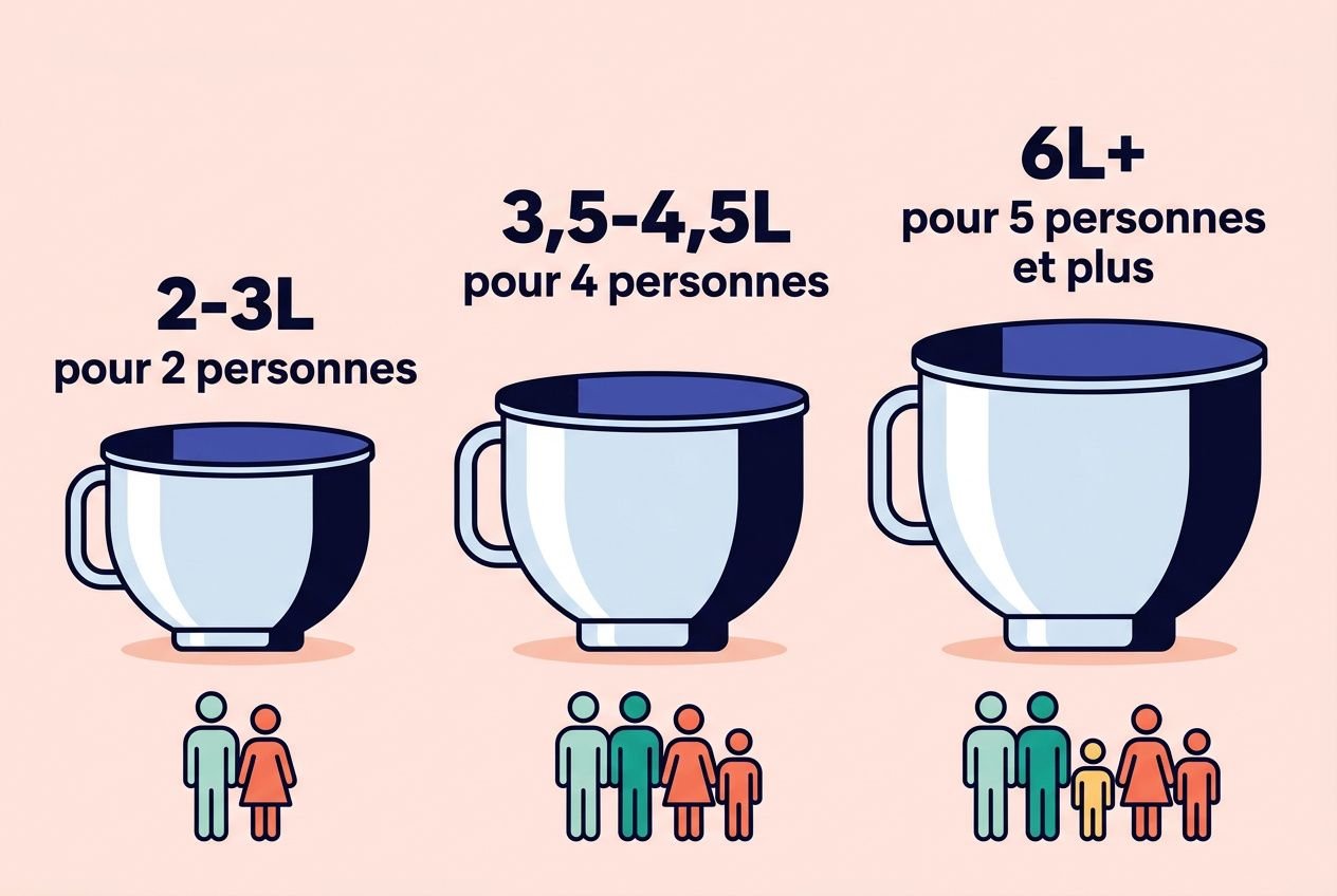 Illustration montrant trois tailles de bols: 2-3L pour 2 personnes, 3,5-4,5L pour 4 personnes et 6L+ pour 5 personnes et plus, guide sur le choix d’un robot pâtissier.
