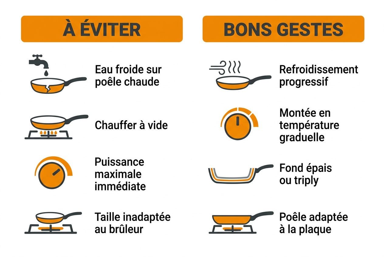 Image expliquée: infographic “À ÉVITER” et “BONS GESTES” sur poêle inductions, avec icônes. Poêle qui gondole : fond déformé sur induction.