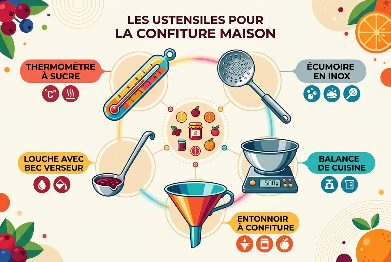 Jeu d’ustensiles pour la confiture maison, montrant thermomètre à sucre, louche avec bec verseur, écumoire en inox, balance de cuisine et entonnoir à confiture. Confiture maison ustensiles débutant.