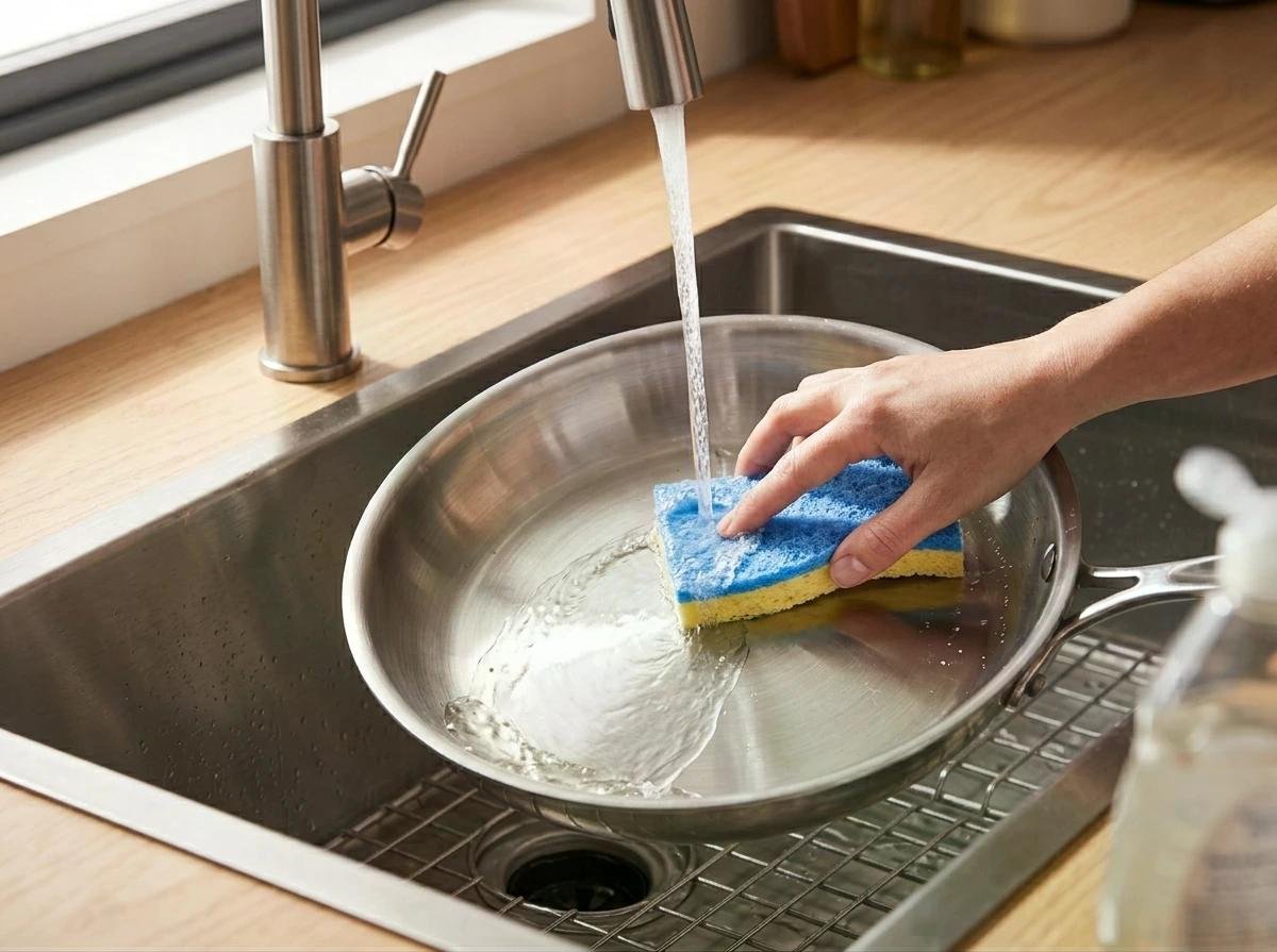 Lavage d’une poêle en acier inoxydable sous un robinet, nettoyée avec une éponge bleue et jaune. Chef-Up.com image de cuisine professionnelle.