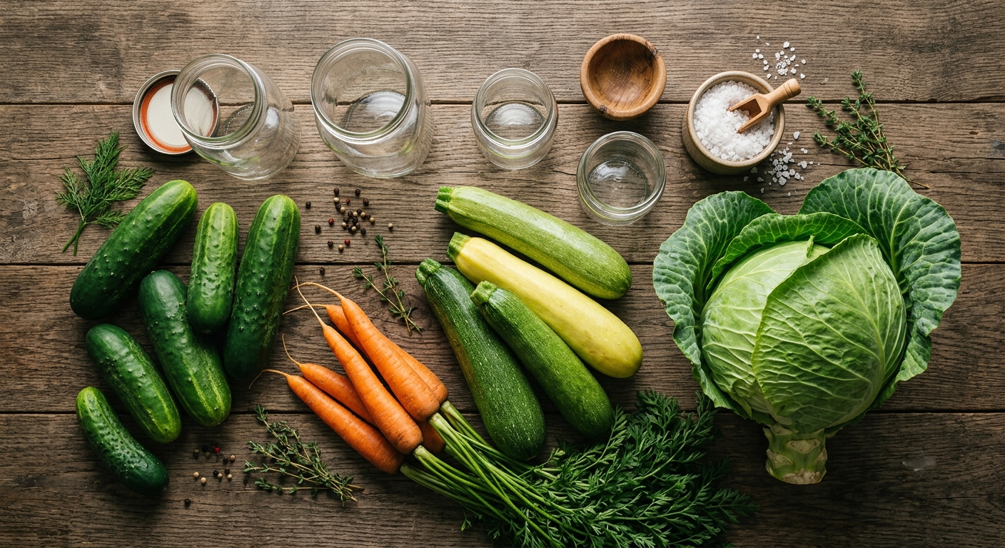 Légumes frais sur planche en bois: concombres, carottes, courgettes et chou vert, assaisonnés d’herbes, avec bocaux et sel.