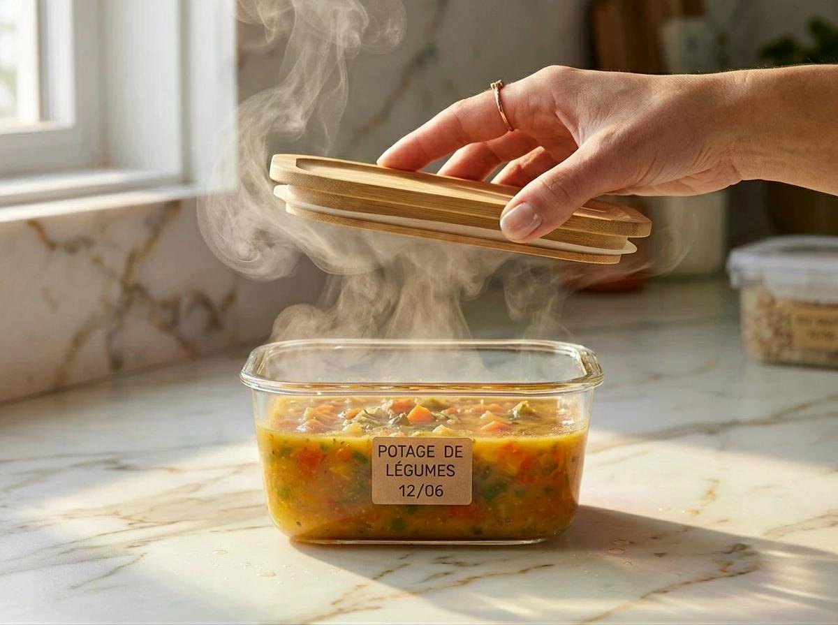 Légumes en potage fumant dans un récipient en verre avec étiquette “Potage de légumes 12/06”, couvercle en bambou posé au-dessus.