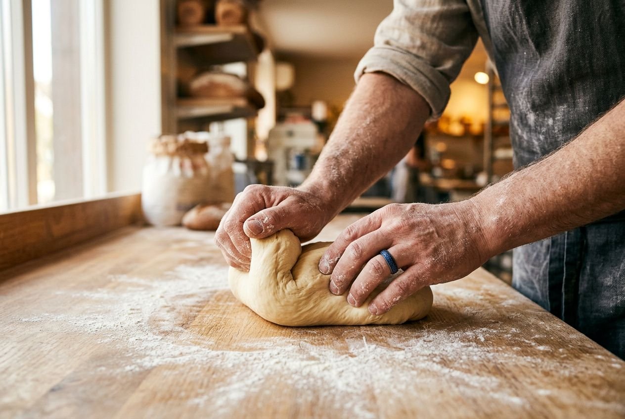 Mains pétrissant une boule de pâte à pain sur plan de travail fariné pour préparer du pain maison sans robot.