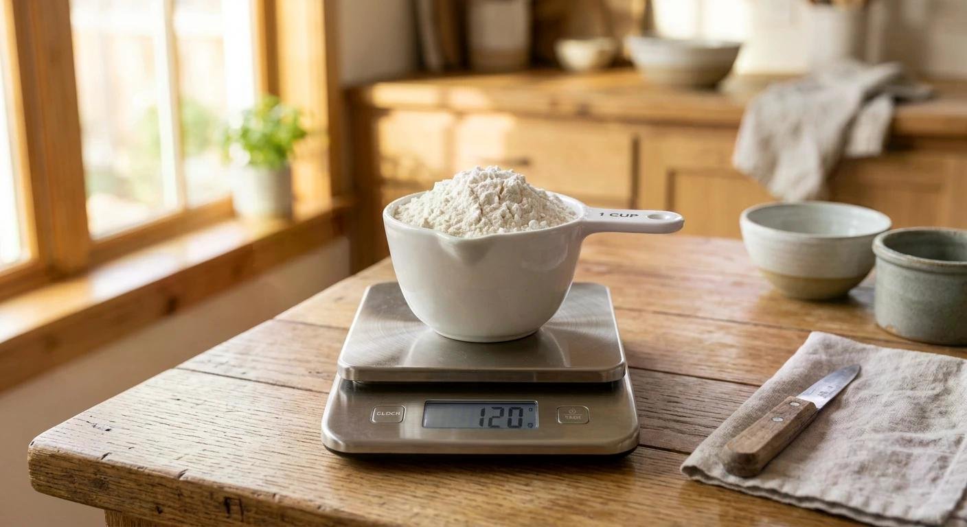 Mesure précise d'une dose de farine sur une balance de cuisine en métal, sur une table en bois.