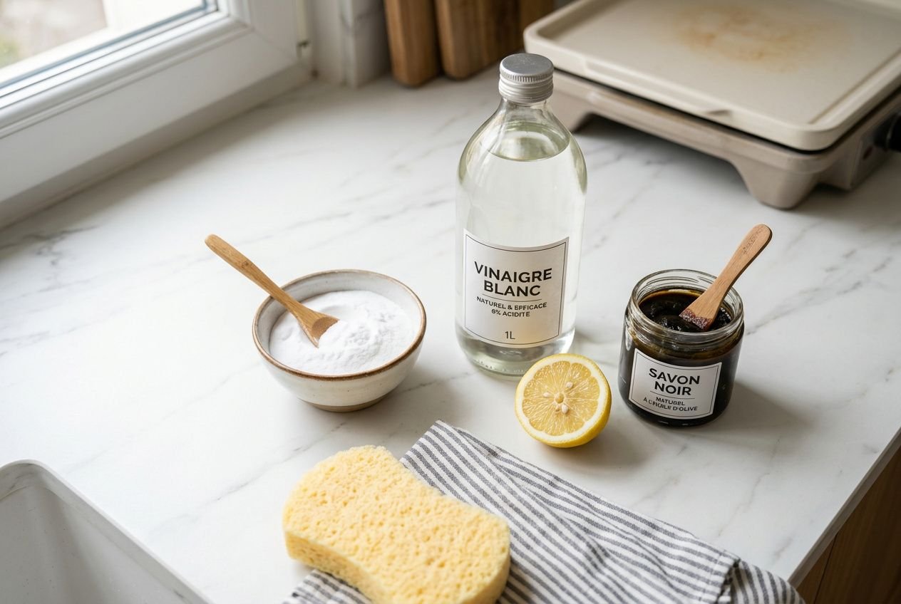 Nettoyant maison pour plancha: vinaigre blanc, savon noir et bicarbonate à portée de main sur plan de travail, éponge et tranche de citron près d’une plancha émaillée.