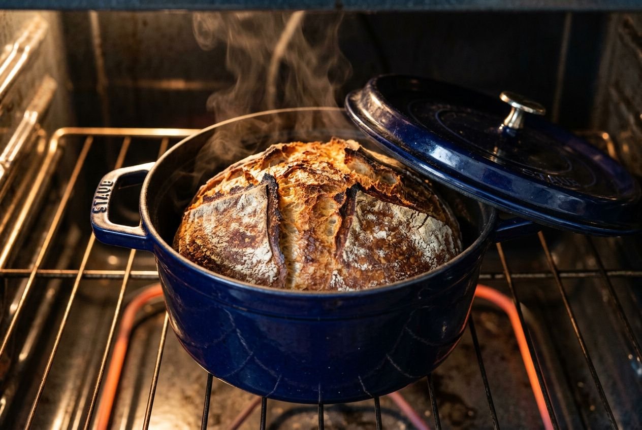 Pain maison en cuisson dans une cocotte en fonte bleue, croûte dorée et vapeur qui s'échappe, cuisson lente sans robot.