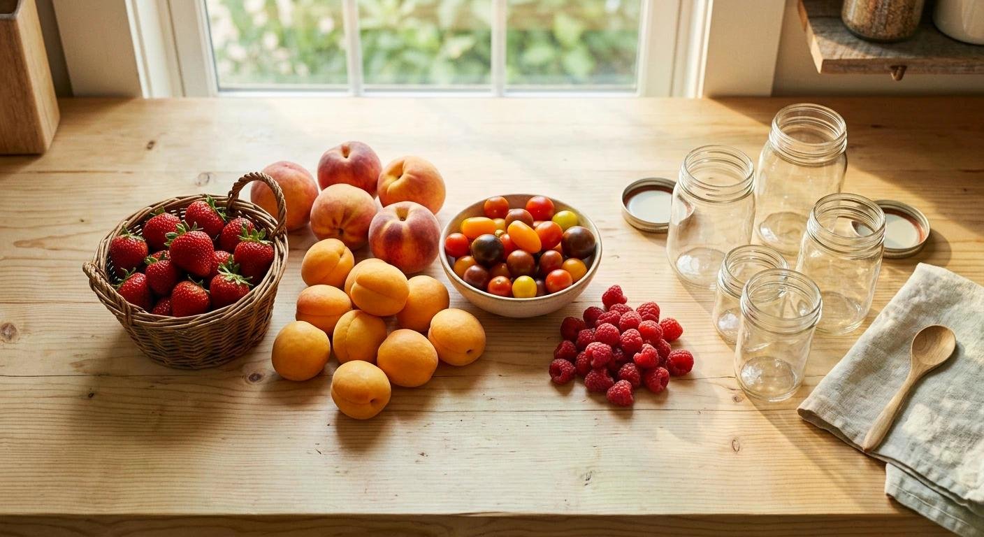 Panier de fraises et abricots frais, fruits mûrs disposés sur plan de travail en bois près d’un bol de tomates cerises, avec bocaux et ustensiles en verre et linête.