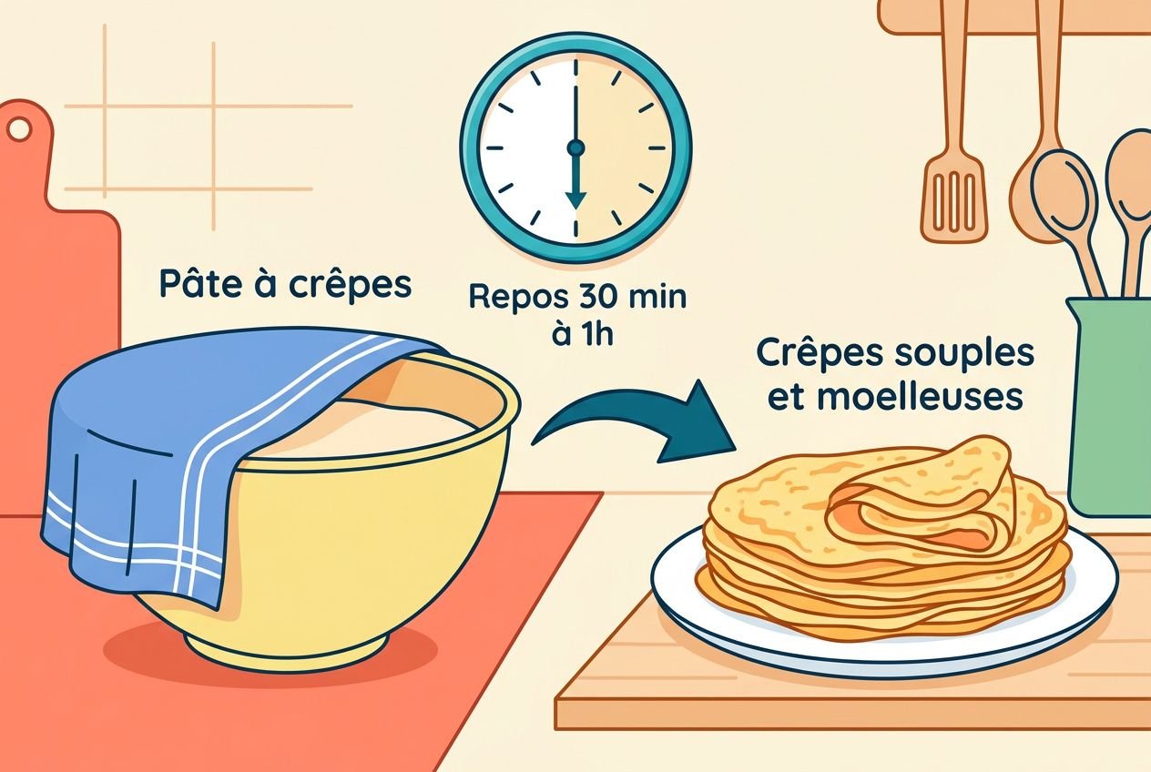 Pâte à crêpes prête, repos 30 min à 1h, crêpes souples et moelleuses dégling sur une assiette. Réussir crêpes maison.