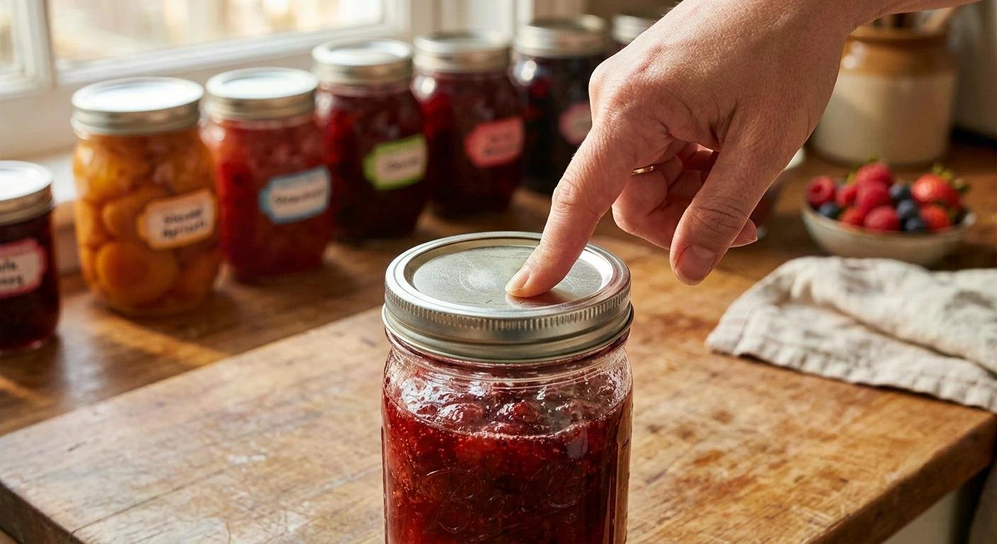 Personne appuyant sur le couvercle d’un bocal de confiture rouge, posé sur une planche en bois, arrières de pots d’archives et fruits.