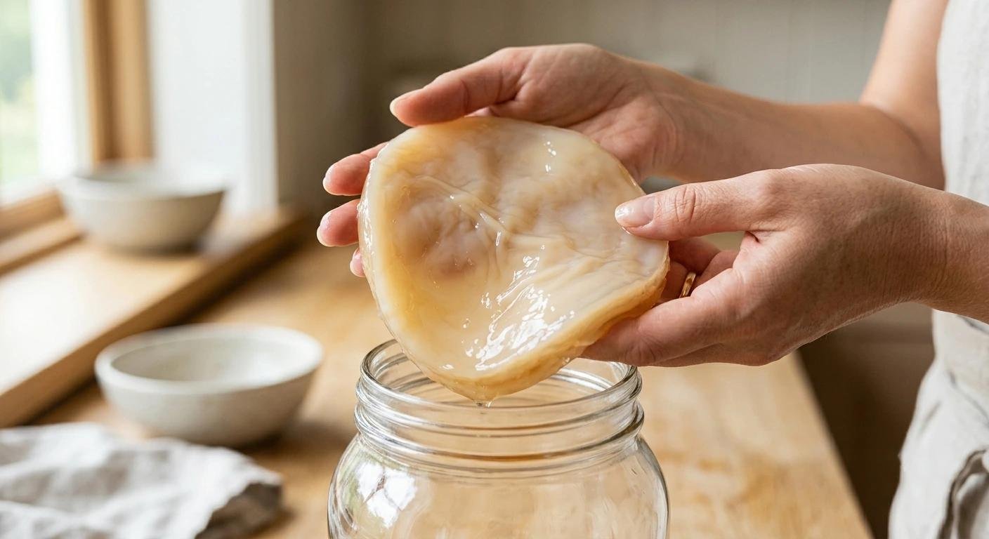 Personne qui place une rondelle de fromage ou de pain dans un bocal en verre, dans une cuisine lumineuse.