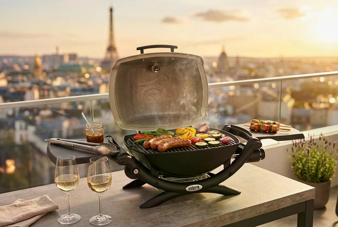 Plancha-posée sur terrasse en soirée, grillant viandes et légumes; deux verres de vin blanc et chauffage d’ambiance. alt Voyager.