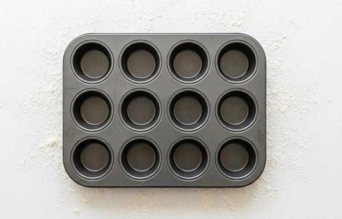 Plaque de moules à muffins antiadhésifs de 12 cavités, prête pour la cuisson.