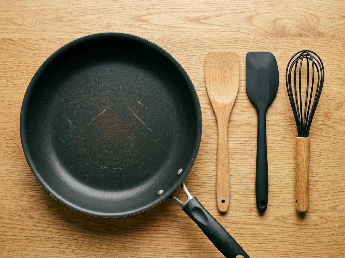Poêle antiadhésive et quatre ustensiles en bois et silicone (spatule, cuillère, fouet) alignés sur plan de travail en bois.