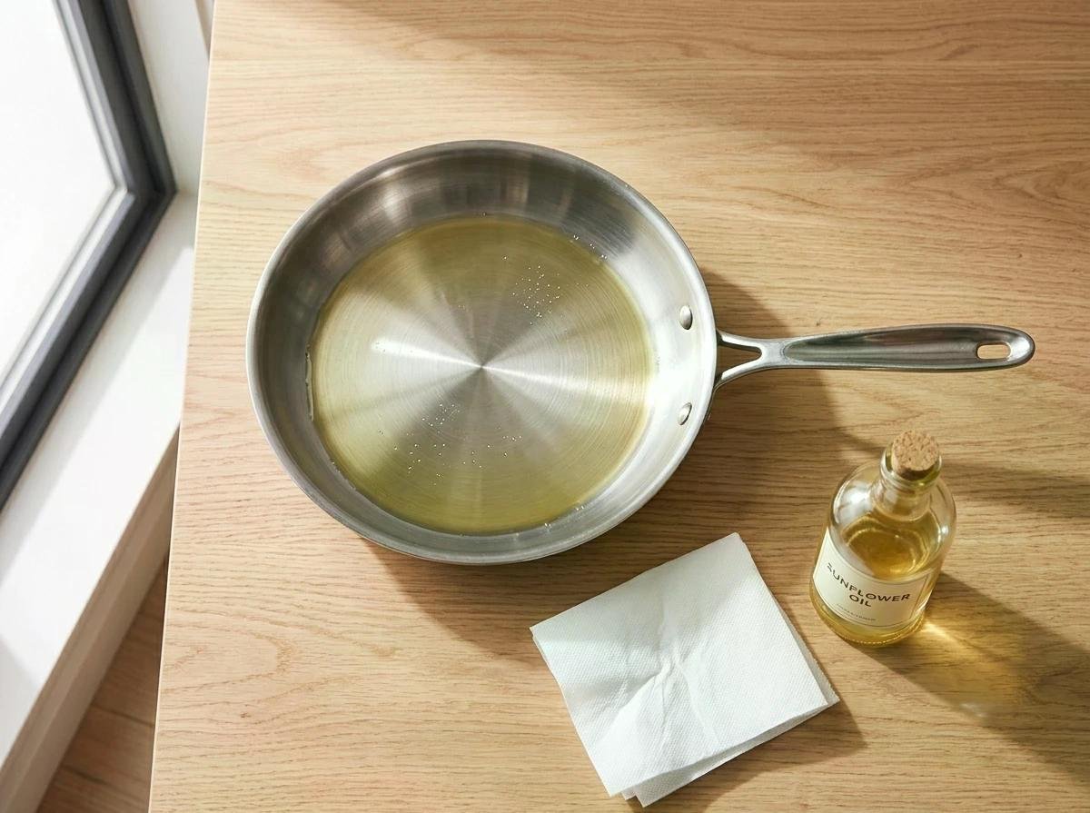 Poêle inox brillant sur plan de travail en bois avec papier absorbant et petite bouteille d’huile parfumée.