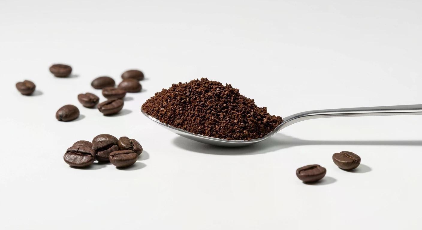 Poudre de café moulu sur une cuillère en métal, grains de café autour sur fond blanc.