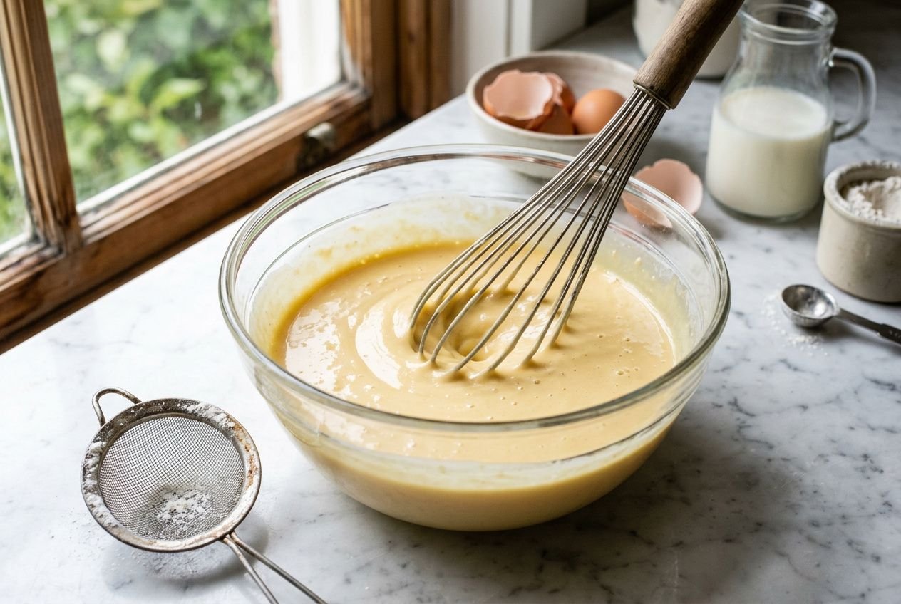 Préparation d’une pâte à crêpes lisse dans un bol, fouet remuant; ingrédients et outils autour, pour réussir crêpes maison.