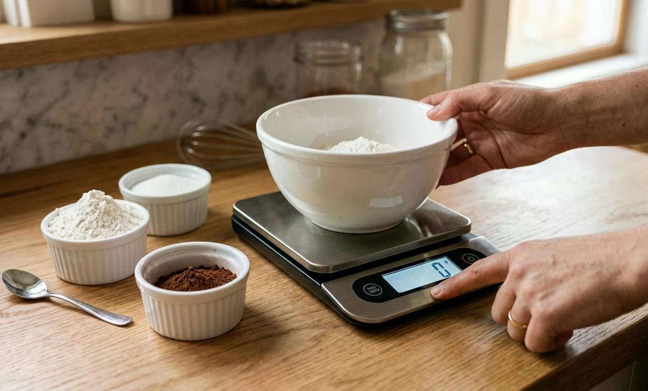 Prise de weighed ingredients sur balance numérique : bols de farine et cacao sur plan de travail en bois.
