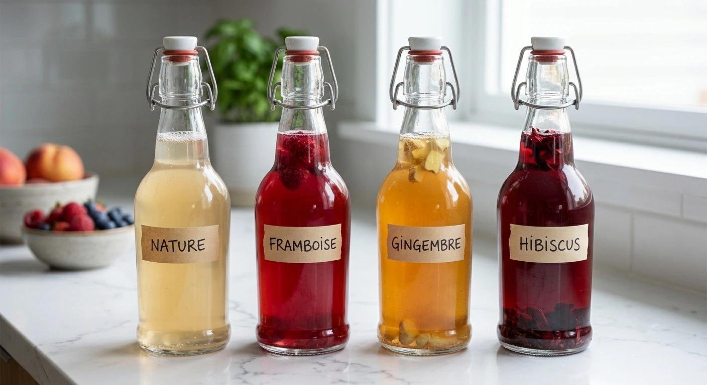 Quatre bouteilles en verre à capsule métallique, contenant des sirops naturels citronnés, à labels Nature, Framboise, Gingembre et Hibiscus sur le plan de travail.