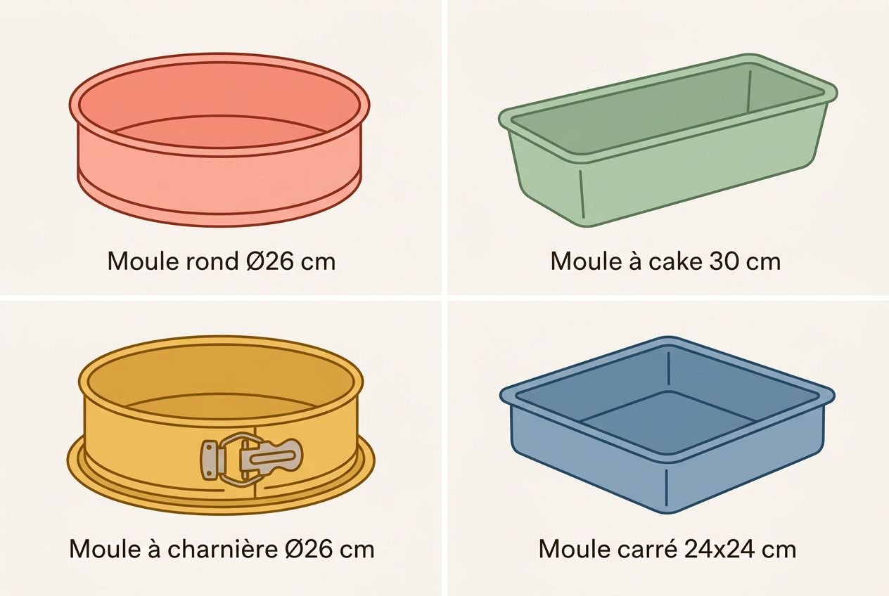 Quatre moules de pâtisserie: rond Ø26 cm, moule à cake 30 cm, moule à charnière Ø26 cm et moule carré 24x24 cm, adaptés à un moule pâtisserie débutant.