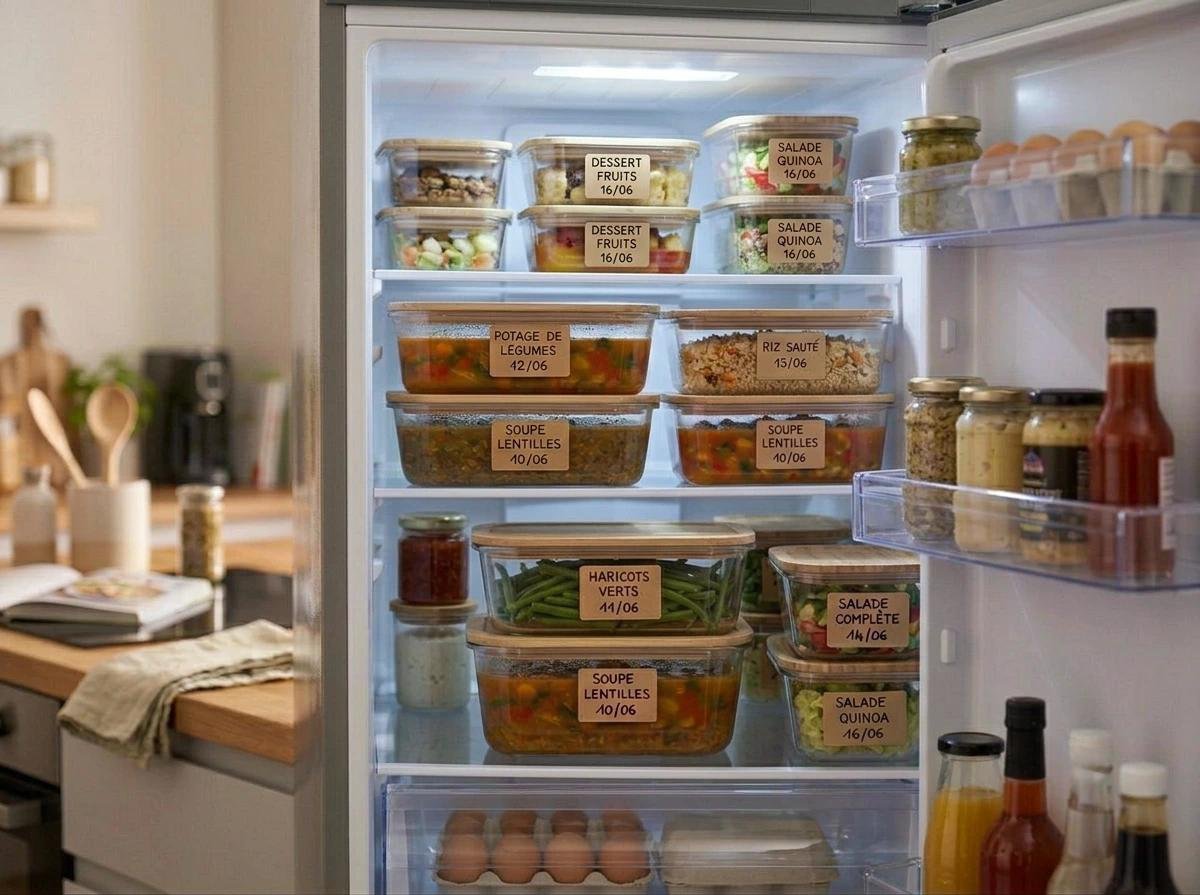 Réfrigérateur ouvert garni de contenants alimentaires transparents sur étagères, avec œufs à la base et bocaux sur les portes. Panier et bouteilles visibles sur fond cuisine.