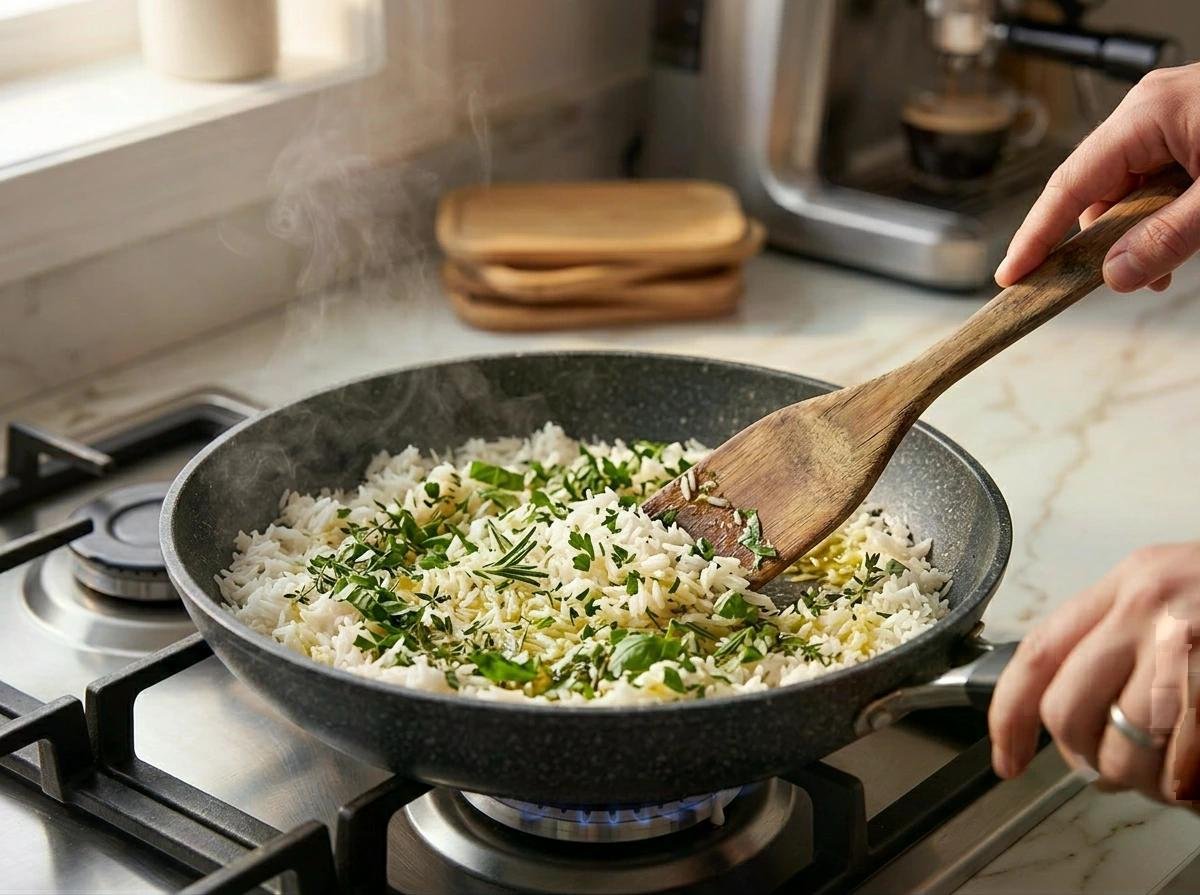 Riz sauté avec herbes dans une poêle sur cuisinière, cuisson à feu vif guidée par une spatule en bois.