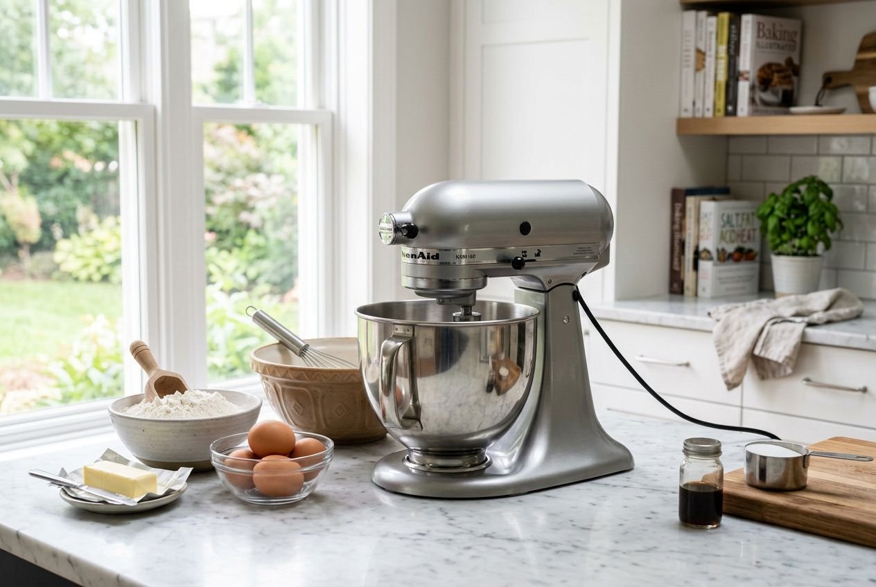 Robot pâtissier argenté sur plan de travail, bol inox, ingrédients et outils à proximité dans une cuisine lumineuse.